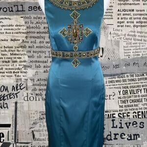 Vintage Sue Wong Blue Jeweled Satin Dress Y2K Womens size 8